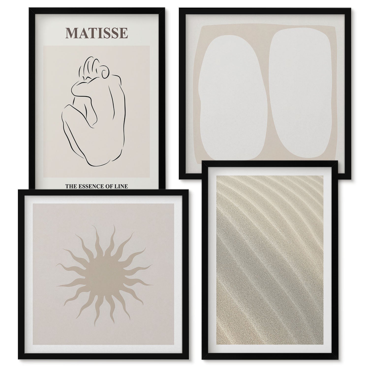 Zestaw obrazów w ramie - 4 części | Minimalistyczne wzory piaskowe fale i słońce Matisse | Czarna ramka