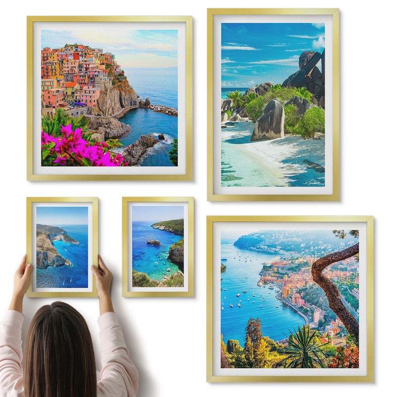 Galeria ścienna 5-częściowy komplet obrazów w złotych ramach - Krajobrazy nadmorskie z malowniczymi widokami na wybrzeże - ArtPrintCave