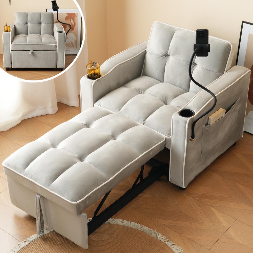 Sofa rozkładana 3 w 1 z aksamitu z uchwytem na kubek i stojakiem na telefon – rozkładany fotel, kompaktowy do małych przestrzeni, 83 x 167 x 76 cm