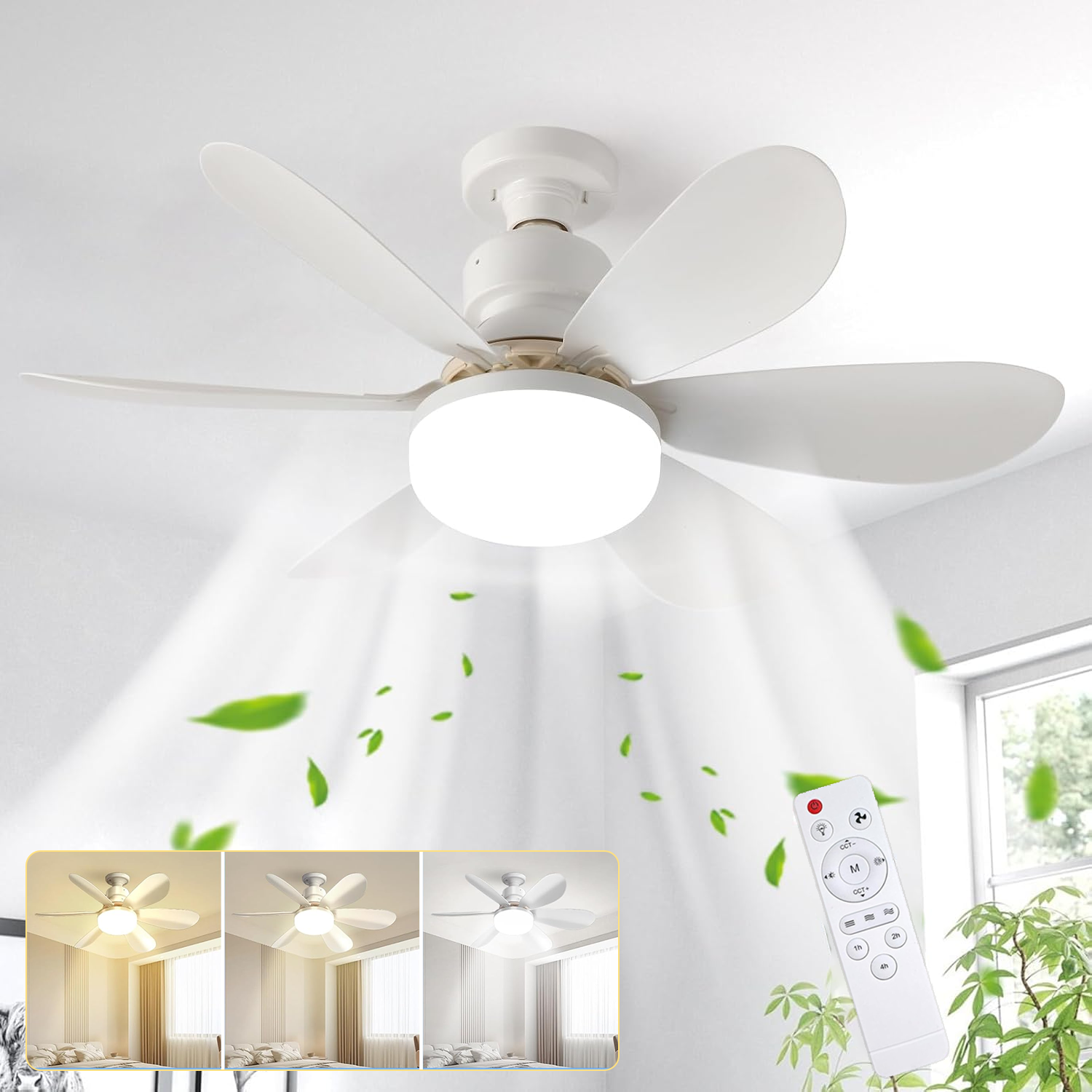 Wentylator Sufitowy ze Światłem i Pilotem, 52CM 40W Mały Ściemniany Wentylator Sufitowy LED z Oprawką E27, 6 Łopatek, 3 Prędkości, Timer