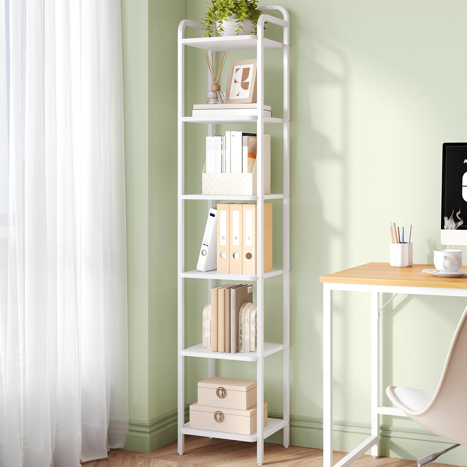 Biblioteczny, wąska półka na książki, industrialna półka narożna do przechowywania, smukły regał do domowego biura, salonu, sypialni, kuchni,biel