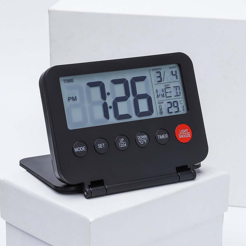Składany cyfrowy budzik podróżny - z kalendarzem, temperaturą i ekranem LCD - Praktyczny wielofunkcyjny zegar elektroniczny