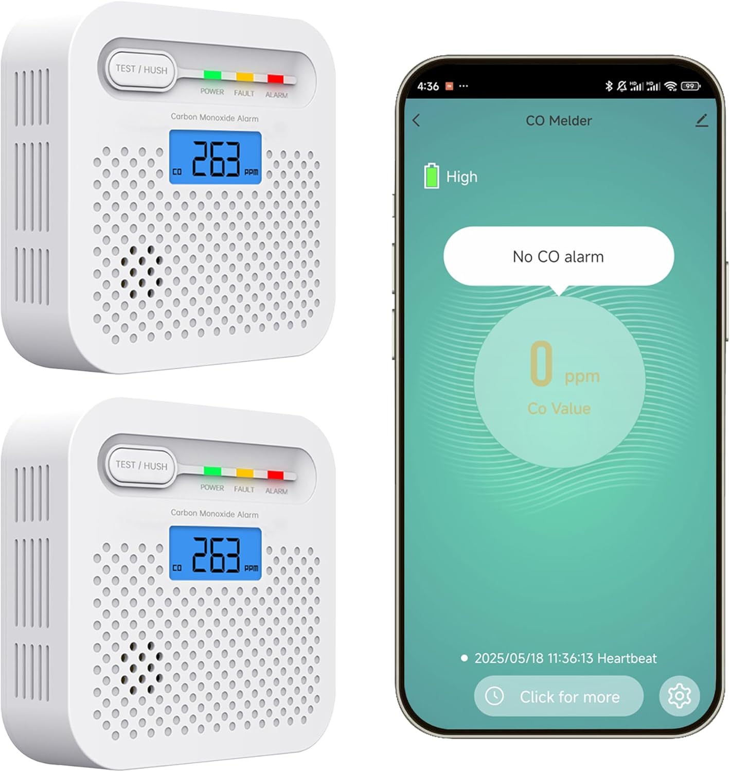 Inteligentny czujnik tlenku węgla, domowy alarm tlenku węgla z Wi-Fi, 2 sztuki
