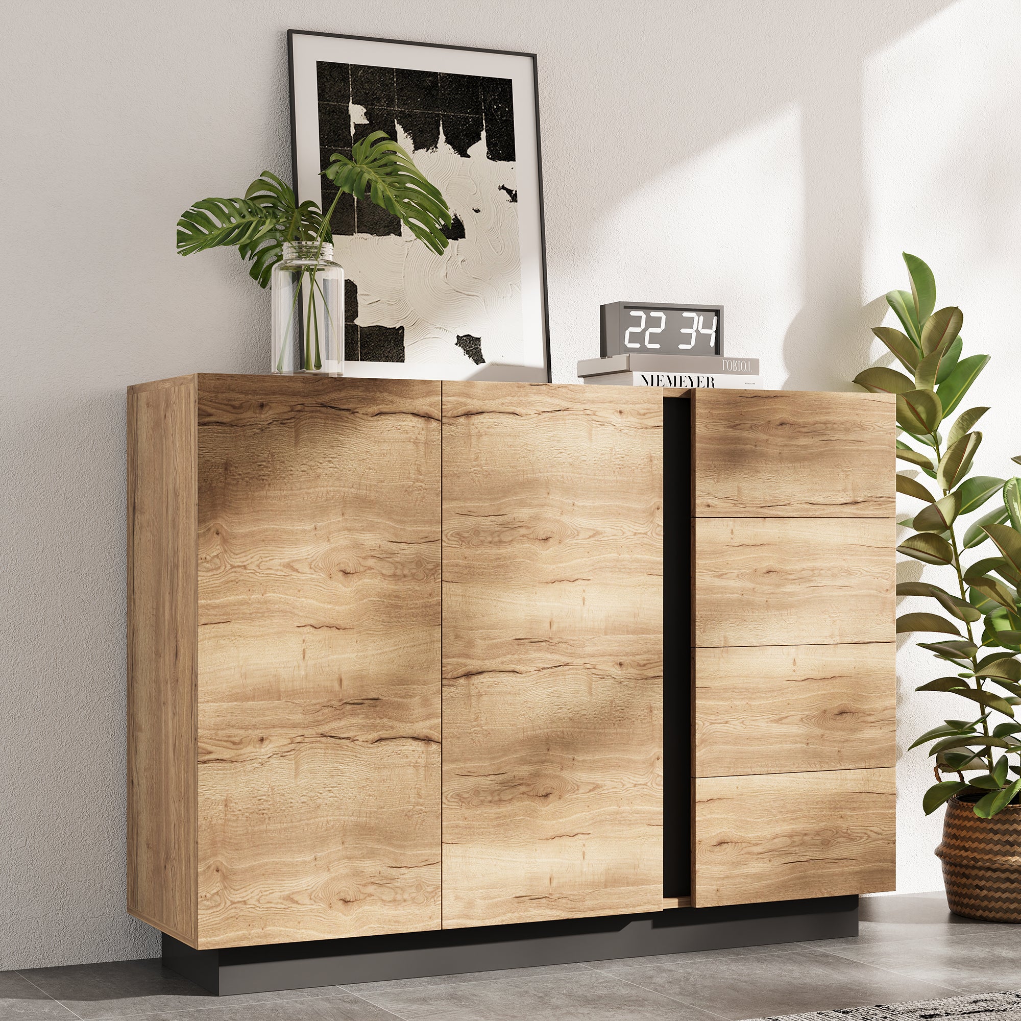 Nowoczesny kredens 110x35,5x90,5cm - z 4 szufladami i 2 drzwiami - styl retro - z regulowanymi półkami - naturalny