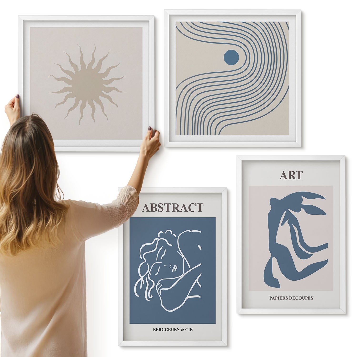 Galeria ścienna 4-częściowy komplet obrazów w białych ramach - Stylowe abstrakcyjne wzory z postaciami i kwiatami Matisse - ArtPrintCave