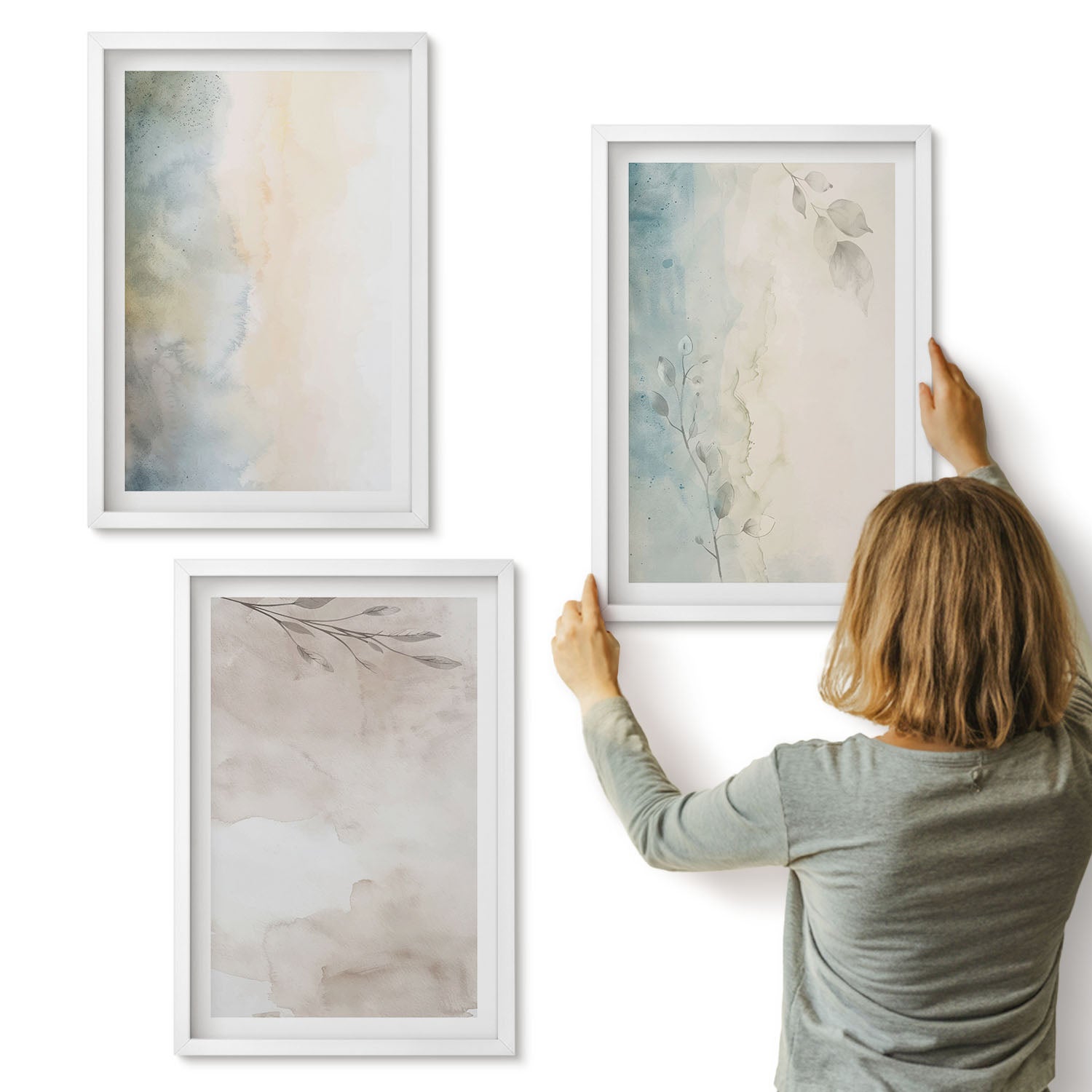 Galeria ścienna 3-częściowy komplet obrazów w białych ramach - Delikatne tektury farb akwarelowych - ArtPrintCave