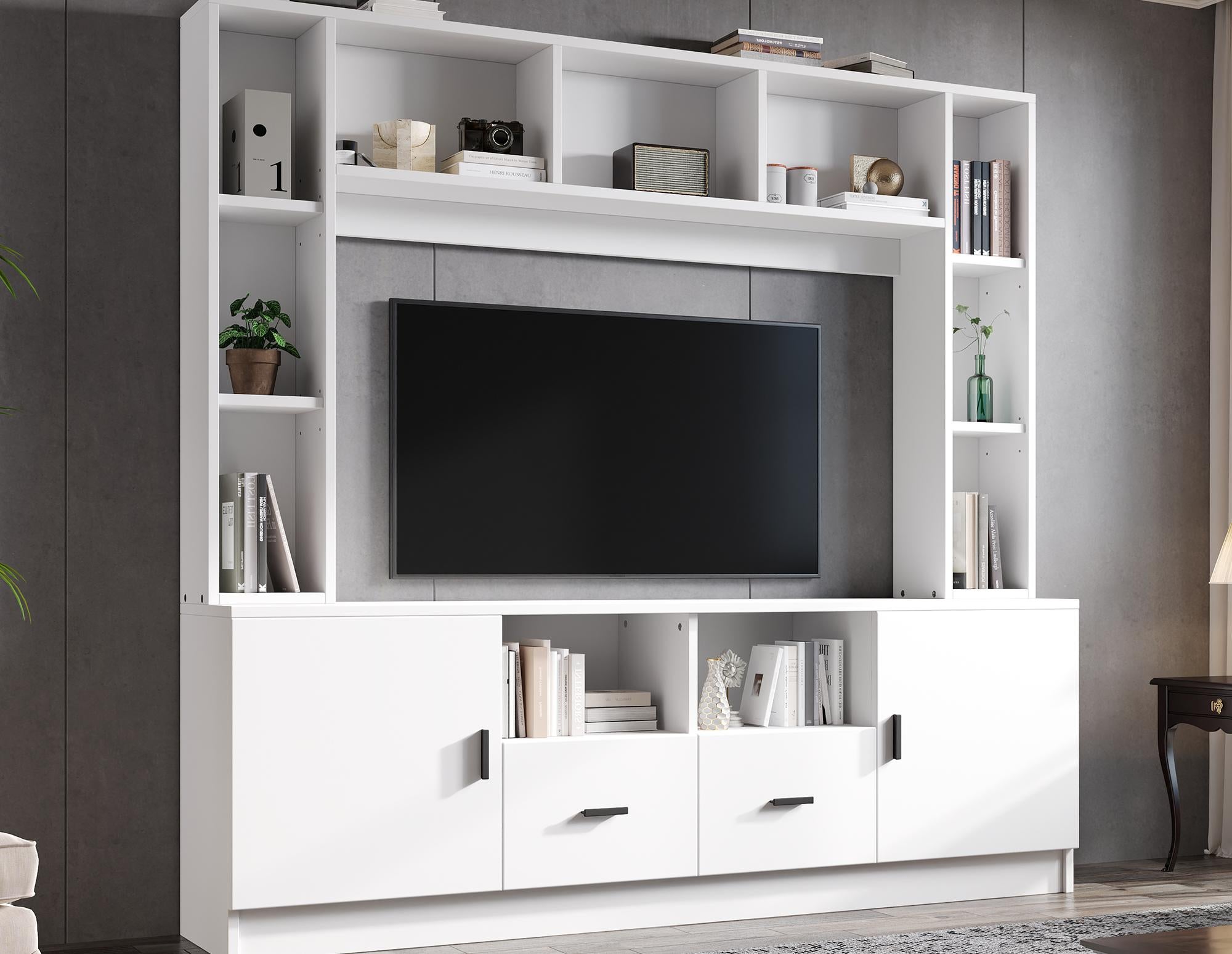 Zestaw mebli RTV 180x35x170 cm - szafka RTV + półki - 2 drzwi i 2 szuflady - 11 przegródek - biały