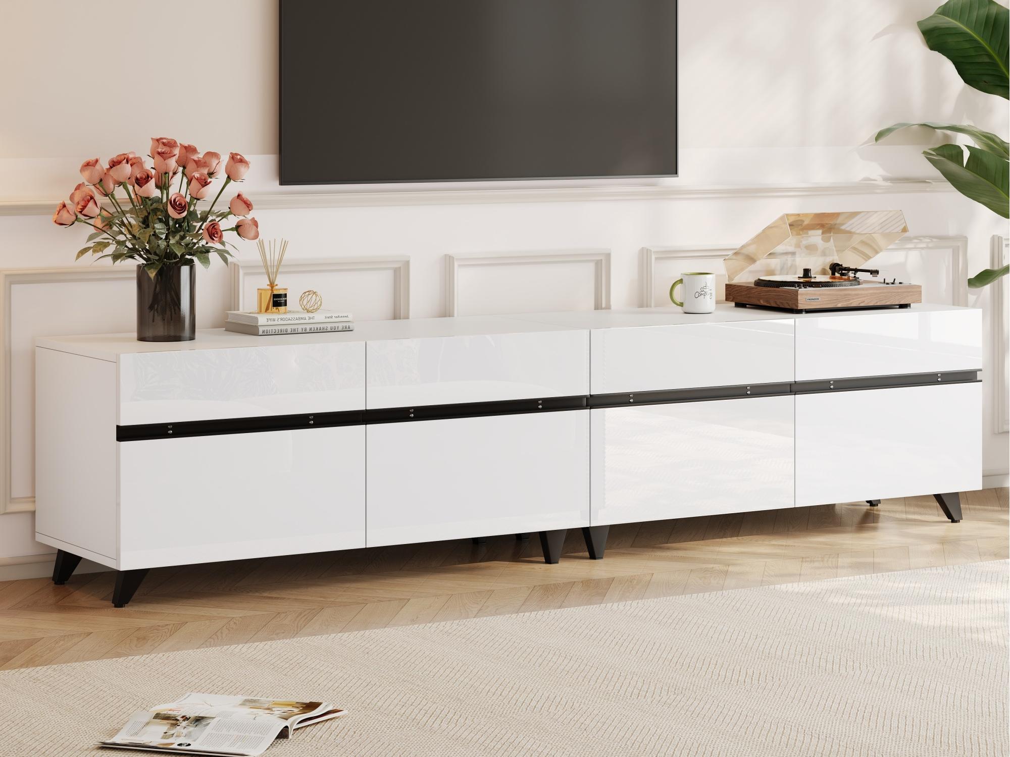 Stolik pod TV 180x40x49cm - 4 drzwi - Regulowane półki - Wykończenie błyszczące - Płyta MDF - Biały