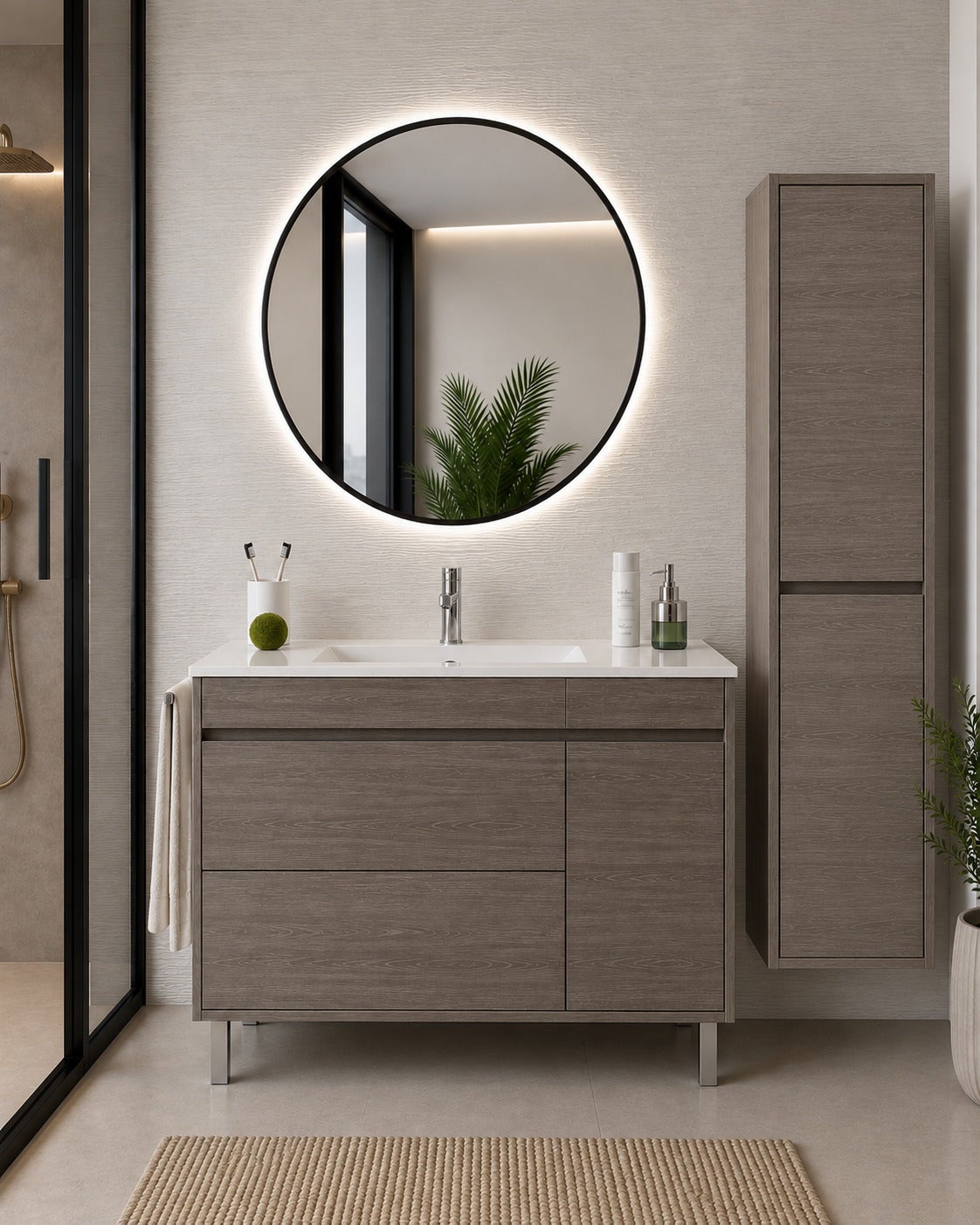 Szafka łazienkowa z umywalką ORIGENBATH CAPRERA bez lustra 60x35 cm dąb smoky z kolumną