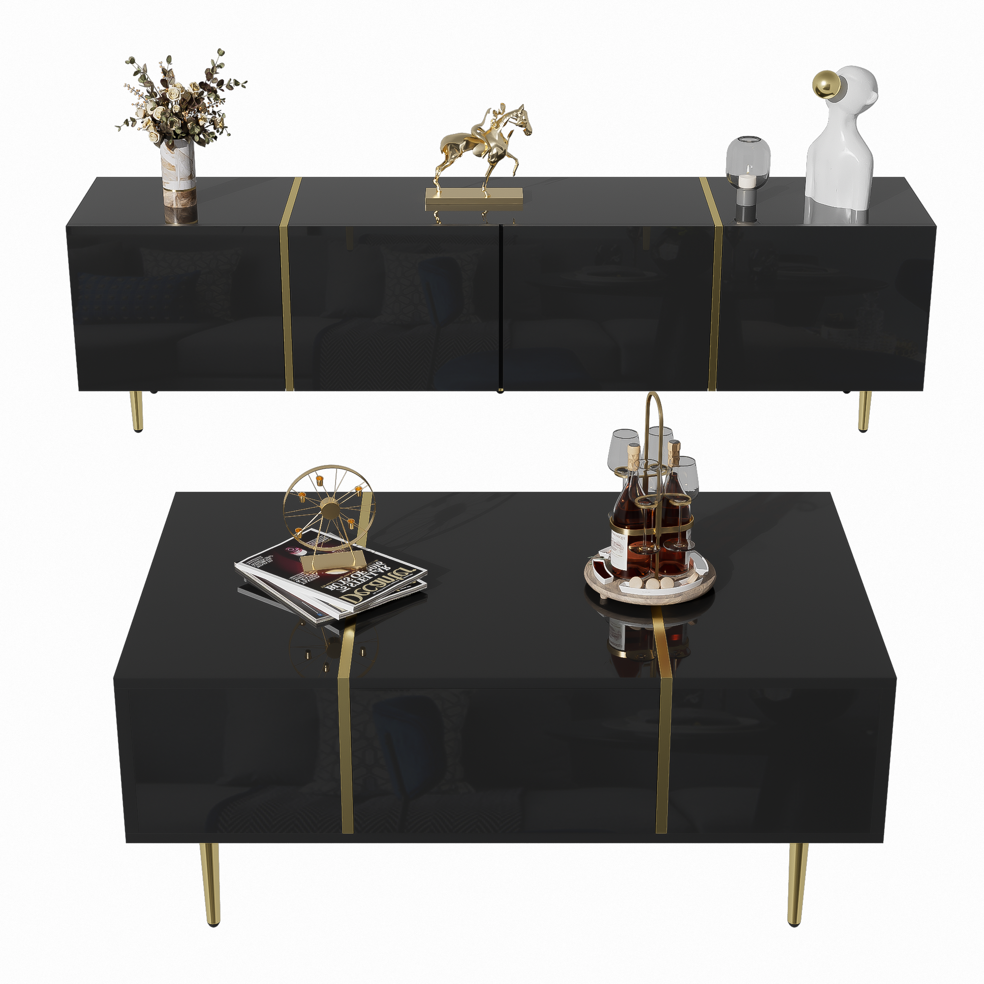 Zestaw szafki TV i stolika kuchennego czarny wysokiego blasku - MDF, 170x35x46 cm i 100x60x41,5 cm