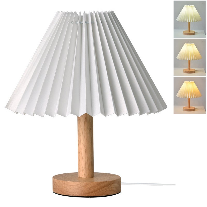 Plisowana lampa stołowa vintage drewniana lampka nocna lampka biurkowa dekoracyjna lampa stołowa lampka nocna LED biała temperatura barwowa
