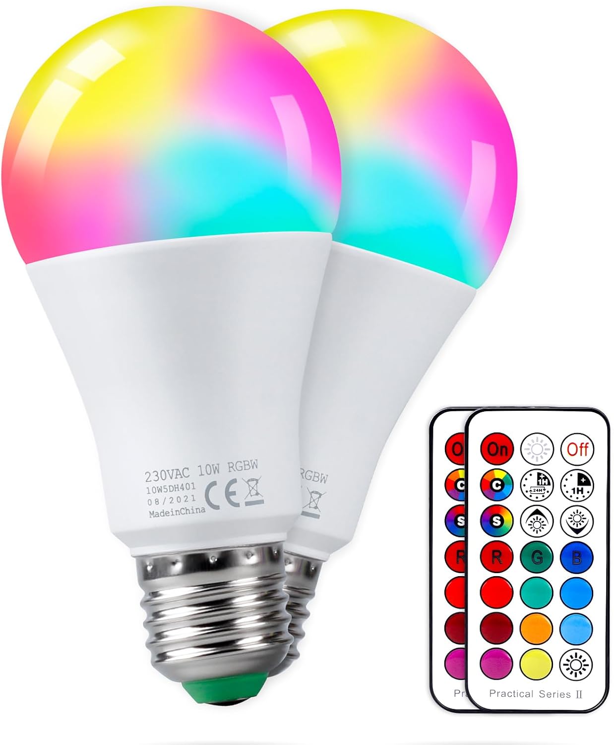 Żarówki LED 10W E27 Zmiana koloru Dimmable RGBW Lampy z pilotem, funkcją pamięci i timerem, inteligentne żarówki Edison, zestaw 2 sztuk