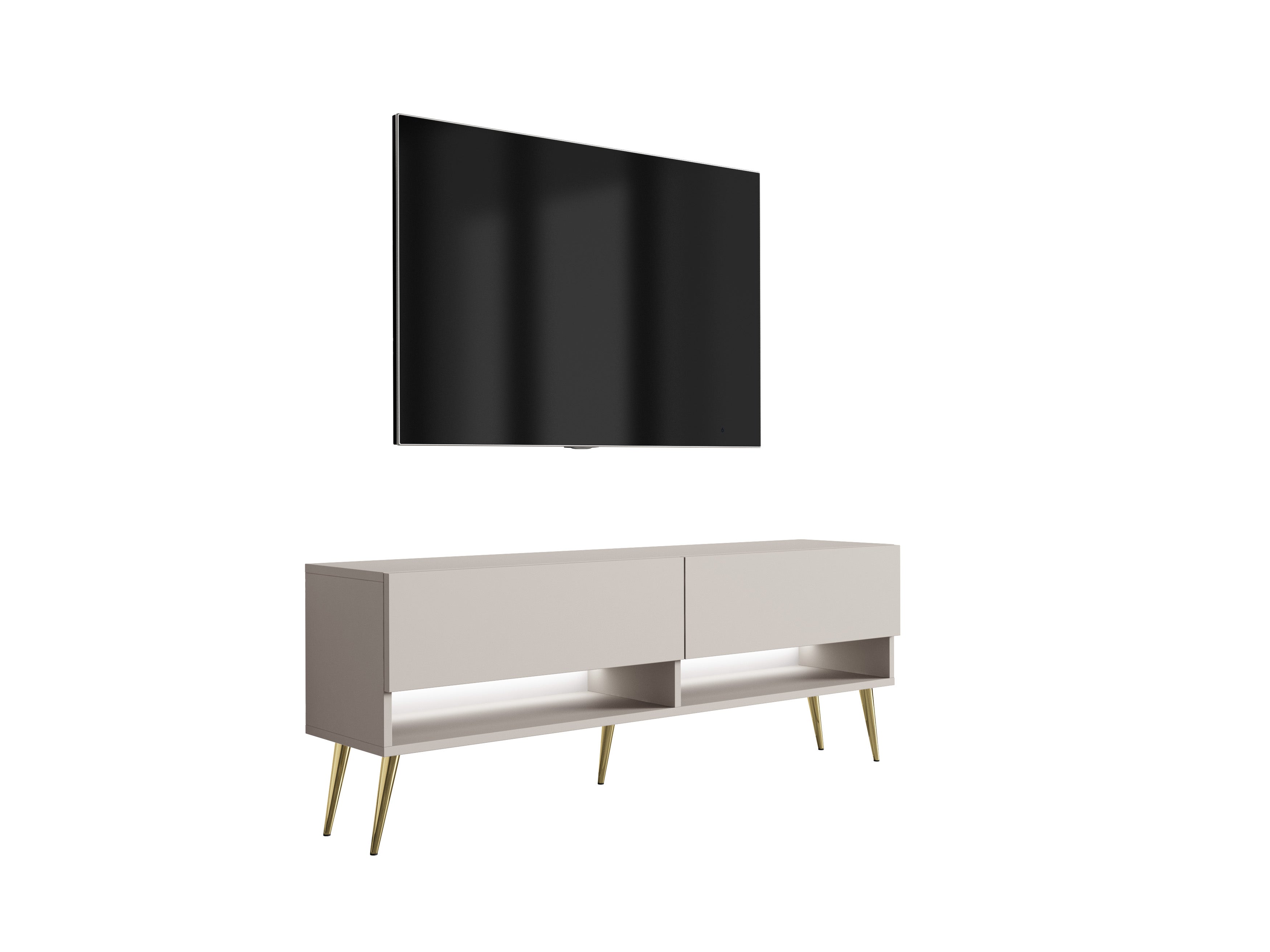 Szafka pod telewizor 140 cm Kaszmir, nóżki pochyłe złote, LED biały, 140 × 32 × 52 cm