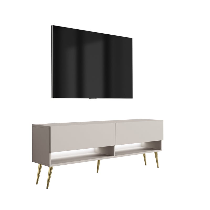 Szafka pod telewizor 140 cm Kaszmir, nóżki pochyłe złote, LED biały, 140 × 32 × 52 cm