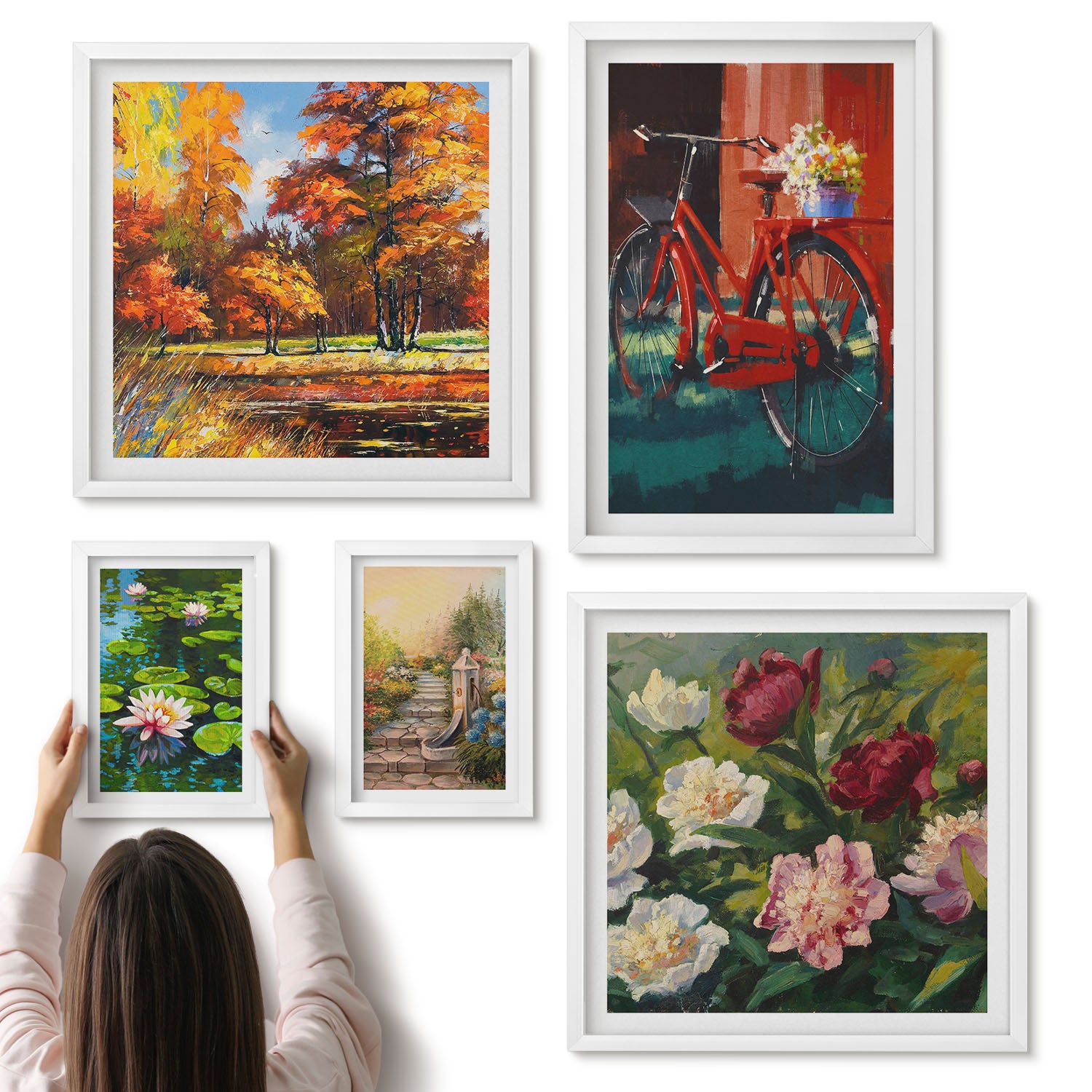 Galeria ścienna 5-częściowy komplet obrazów w białych ramach - Kwiatowe inspiracje z rowerem i malowniczymi krajobrazami - ArtPrintCave
