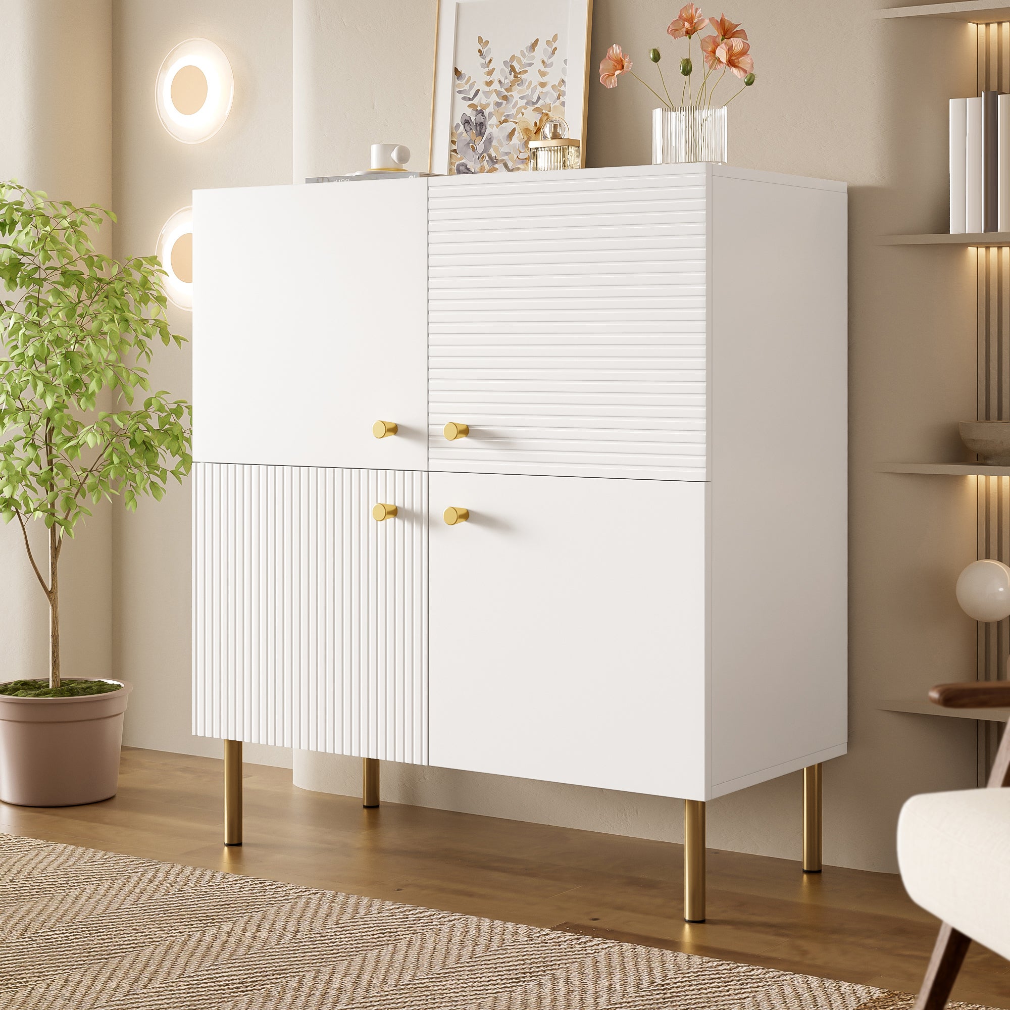 Nowoczesna komoda 80x36x90 cm - Z 4 drzwiami - Uchwyty ze stopu cynku i nogi ze stali - Płyta MDF - Biała