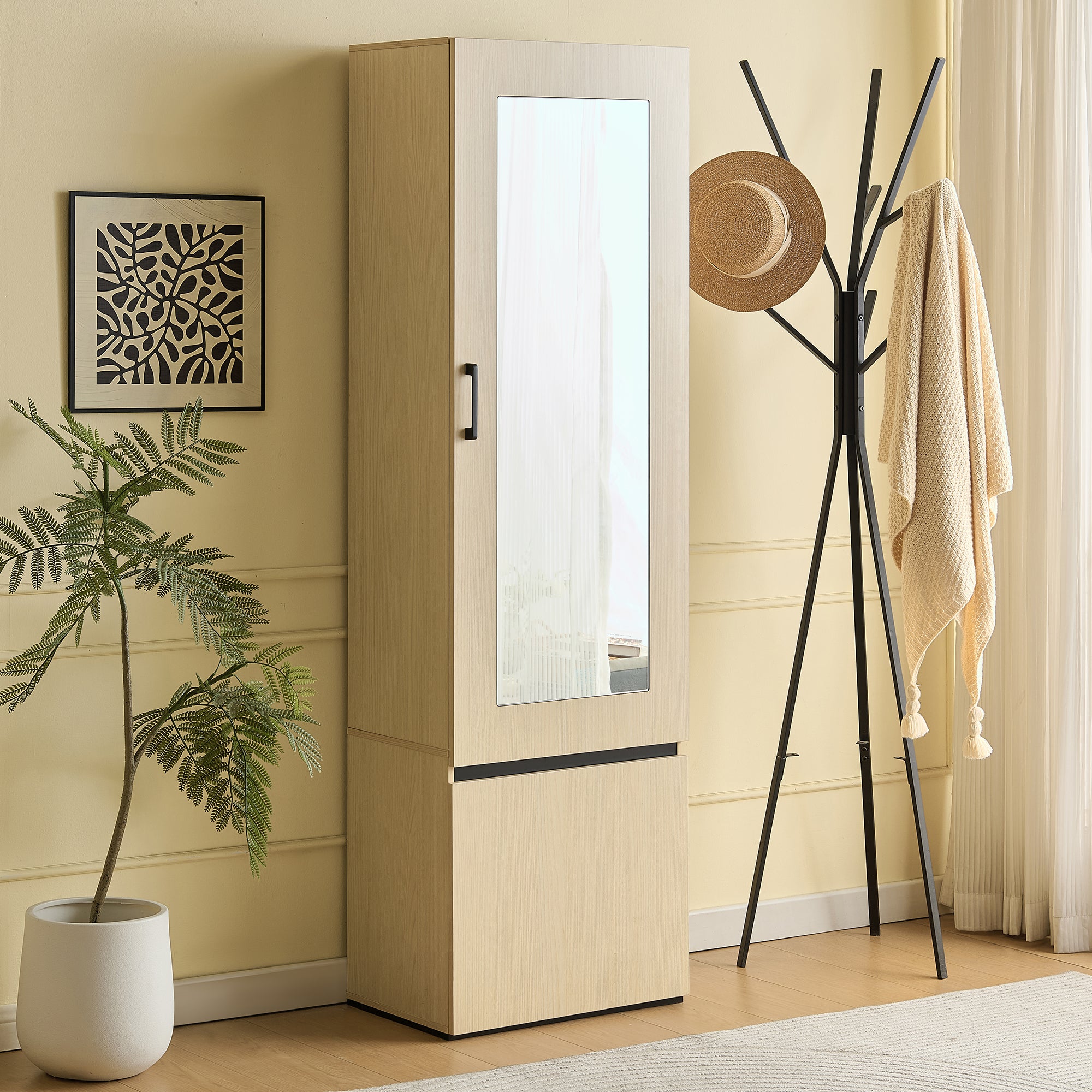 Zestaw szafy do przedpokoju 54 x 34,5 x 179,5 cm - Z lustrem - Z wysuwanym drążkiem na ubrania - 2 drzwi - MDF - Naturalny