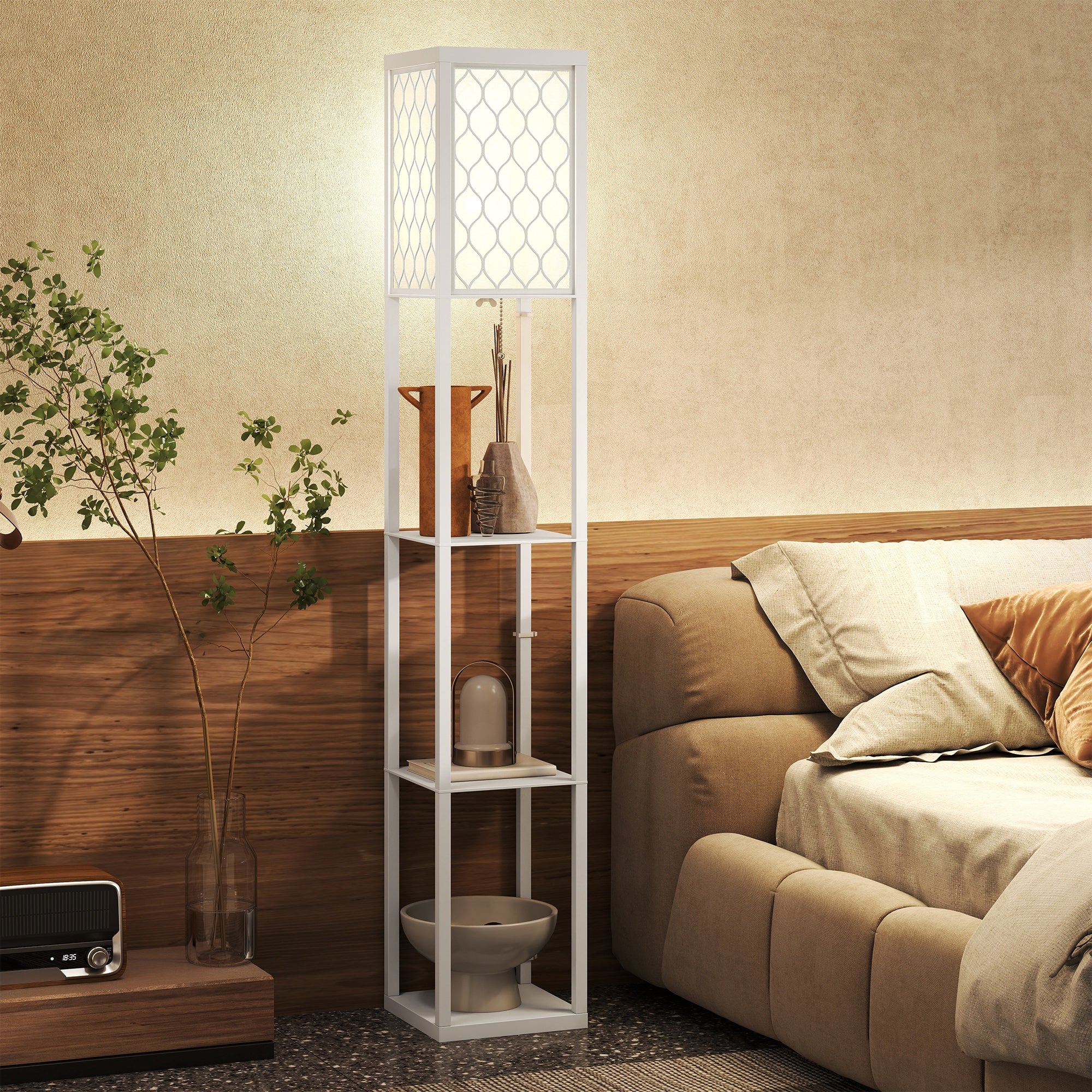 Nowoczesna lampa podłogowa 2 w 1 z 3 półkami, oprawka E27, 26 x 26 x 160 cm, kolor biały