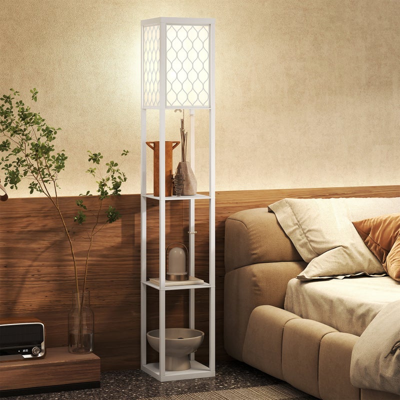 Nowoczesna lampa podłogowa 2 w 1 z 3 półkami, oprawka E27, 26 x 26 x 160 cm, kolor biały