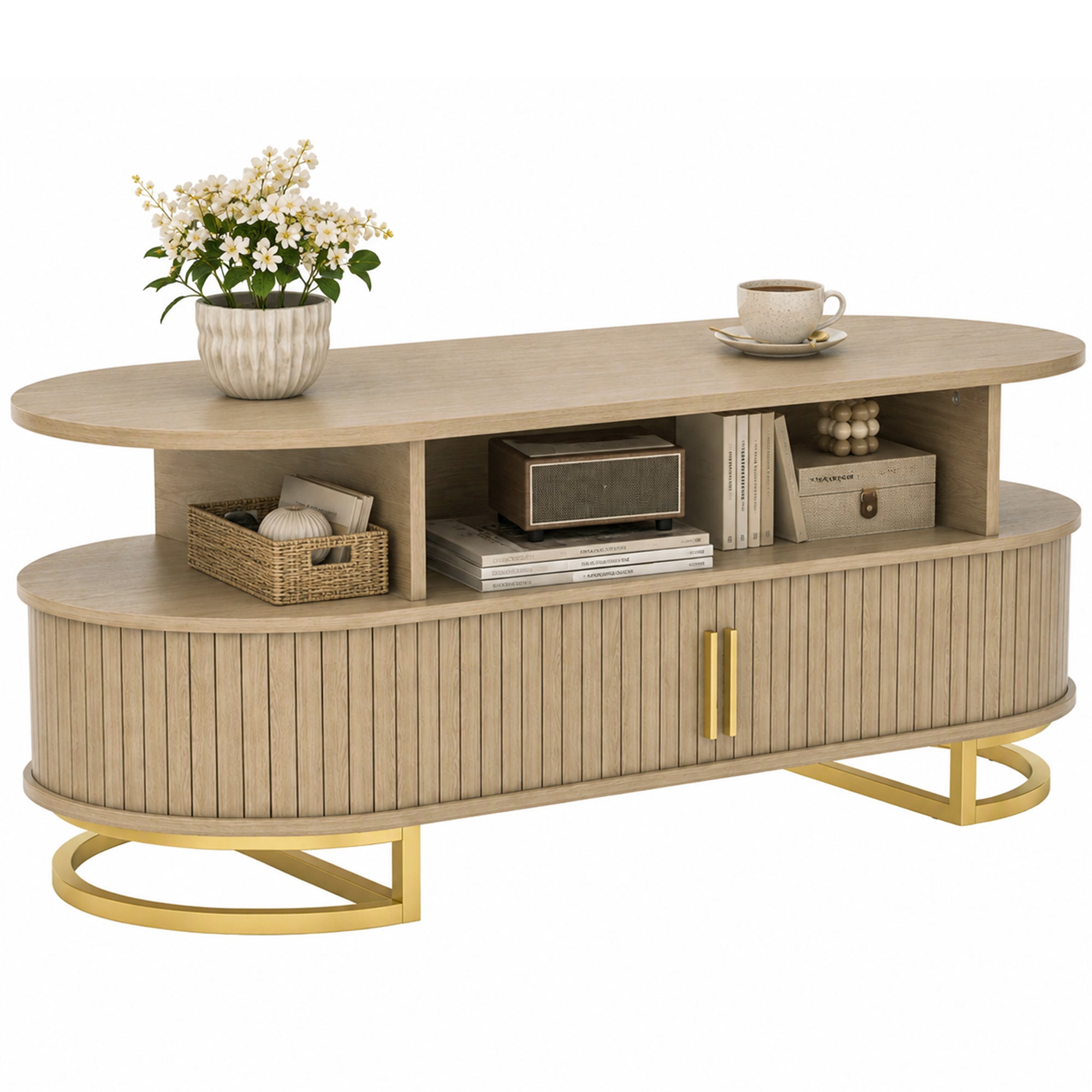Owalny stolik kawowy, nowoczesny stolik do salonu z przesuwanymi drzwiami żaluzjowymi, zamknięta przestrzeń do przechowywania, otwarte półki, dąb