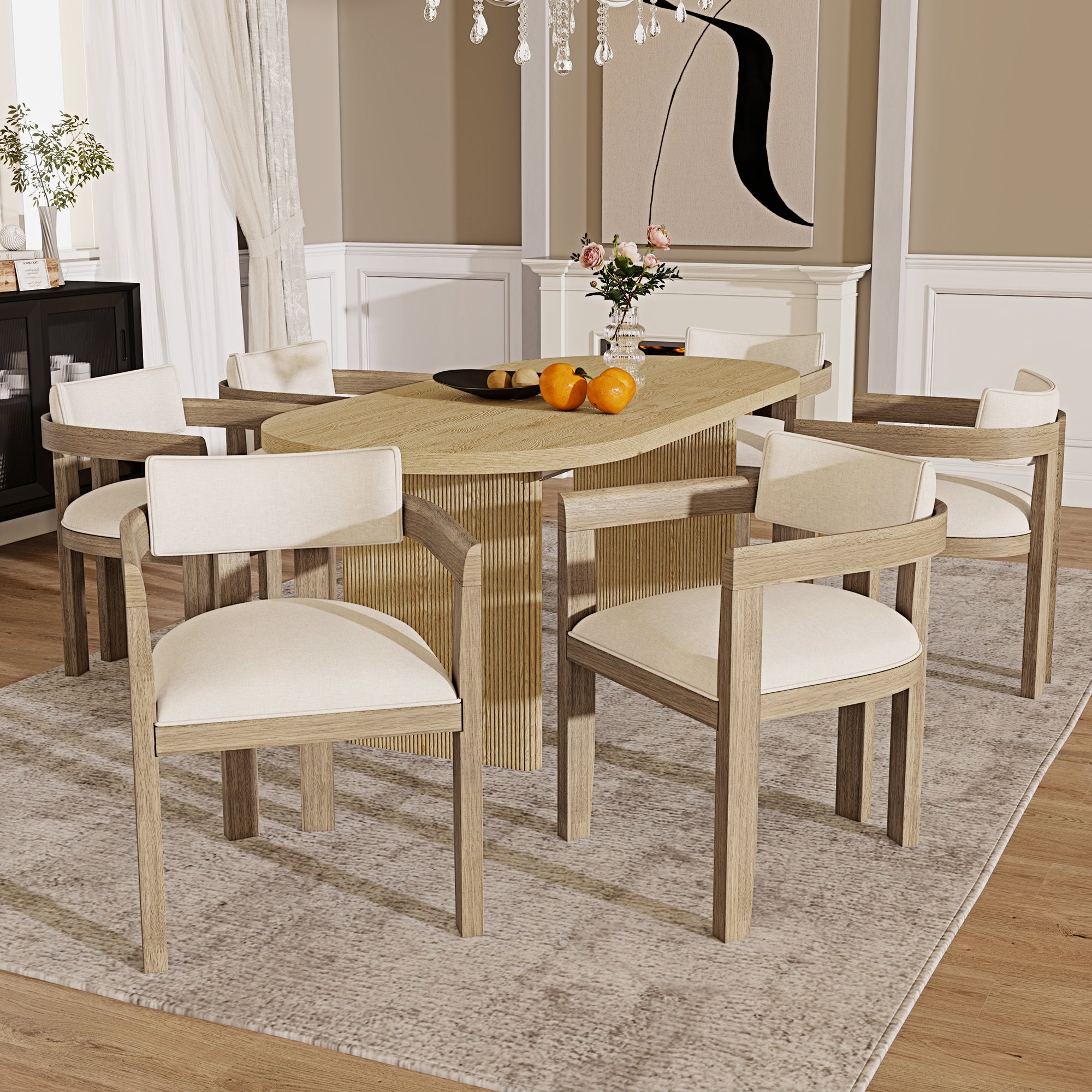 Lot de 6 chaises en bois massif avec accoudoirs - structure en bois massif - revêtement en lin - marron