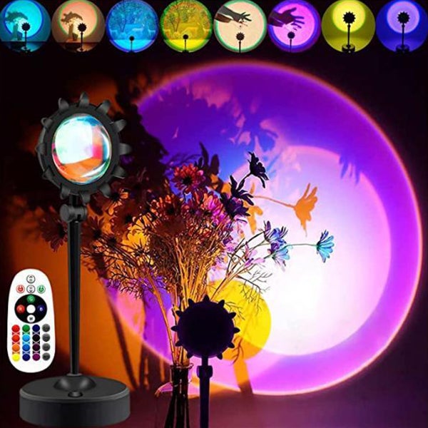 Reflektor LED o zachodzie słońca, regulowana jasność, lampka nocna z pilotem, ładowanie USB, na imprezy