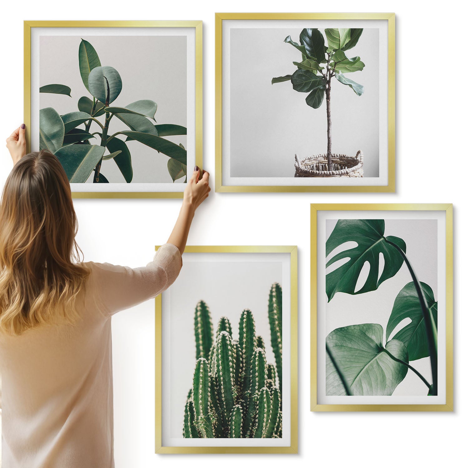 Galeria ścienna 4-częściowy komplet obrazów w złotych ramach - Tropikalne rośliny domowe estetyczne liście - ArtPrintCave