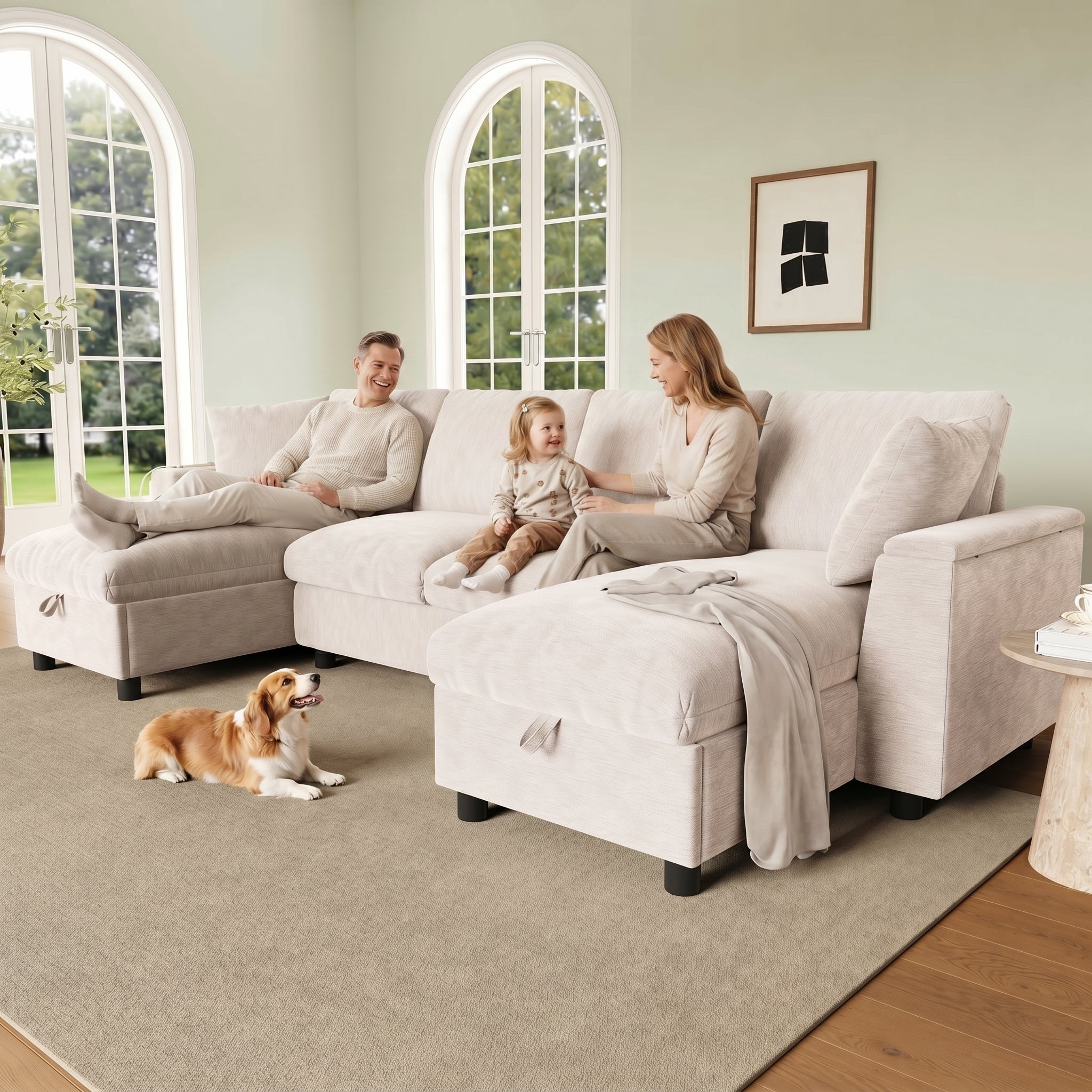 Sofa 4/5-osobowa z szezlongiem, schowkiem i portem USB-C – 284 x 135 x 84 cm – szenil, lite drewno i metal – beżowa