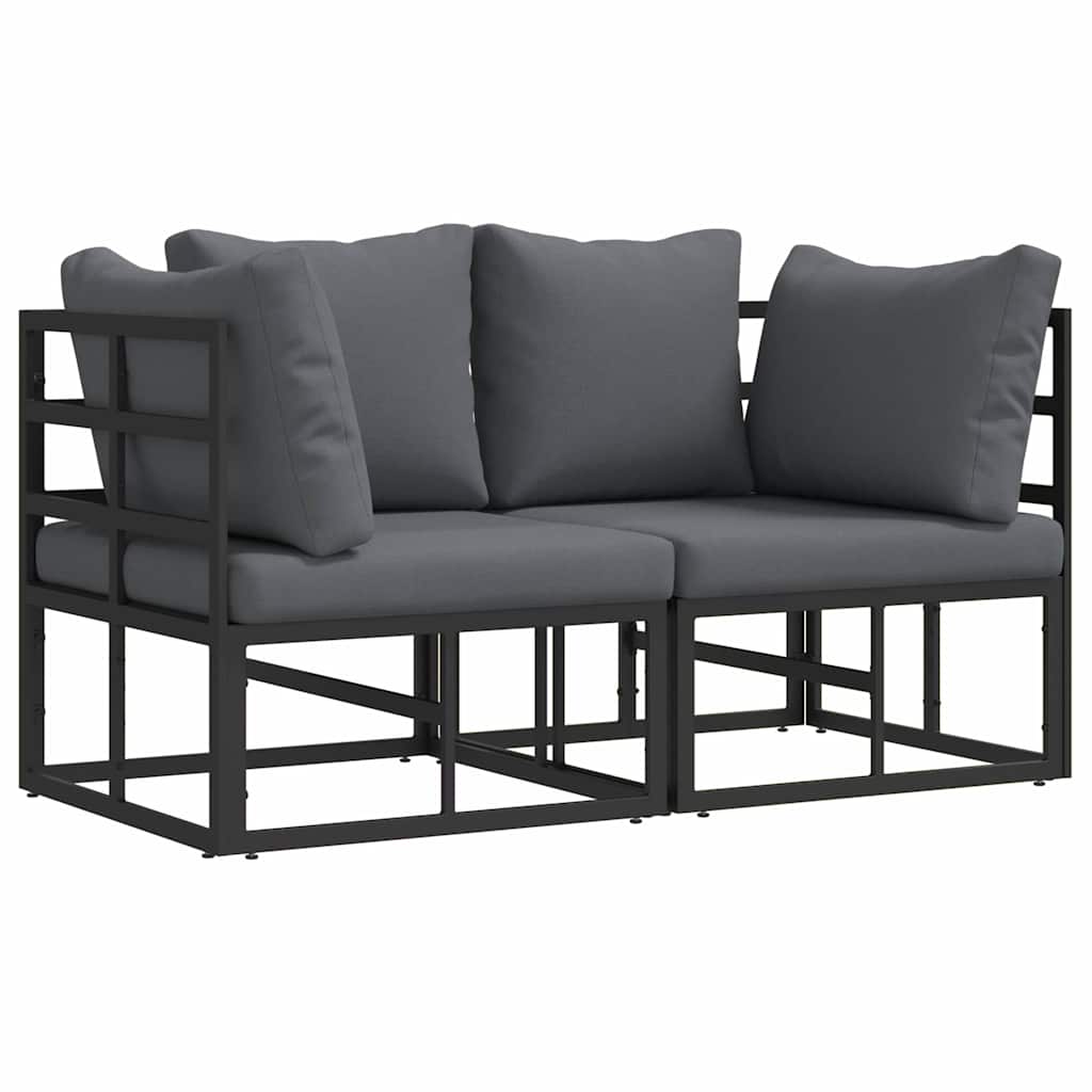 Sofa Ogrodowa Modułowa 2-Osobowa Metalowa Czarna z Poduszkami na Taras