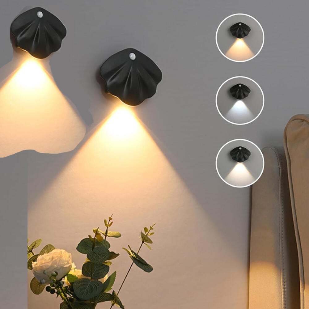 Niestandardowa lampa ścienna w kształcie muszli, ładowana przez USB, z czujnikiem ruchu, 3 tryby oświetlenia, zestaw 2 sztuk, czarna.