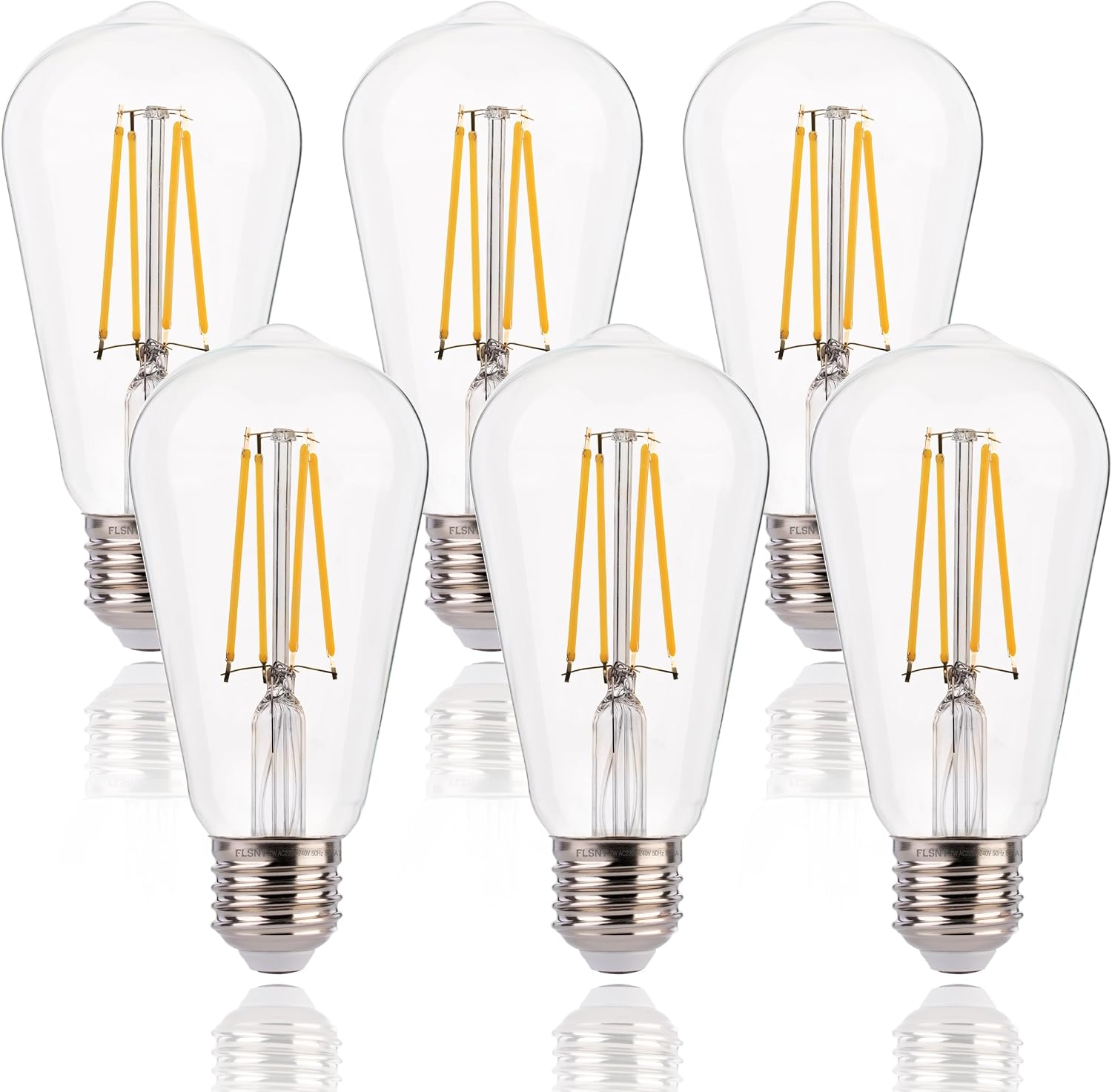 Sześć żarówek LED Edison E27 ST64, 6 W, ciepłe białe światło 2700 K 600 lm, żarnik przezroczysty, prąd zmienny 220 V, nieściemnialny.