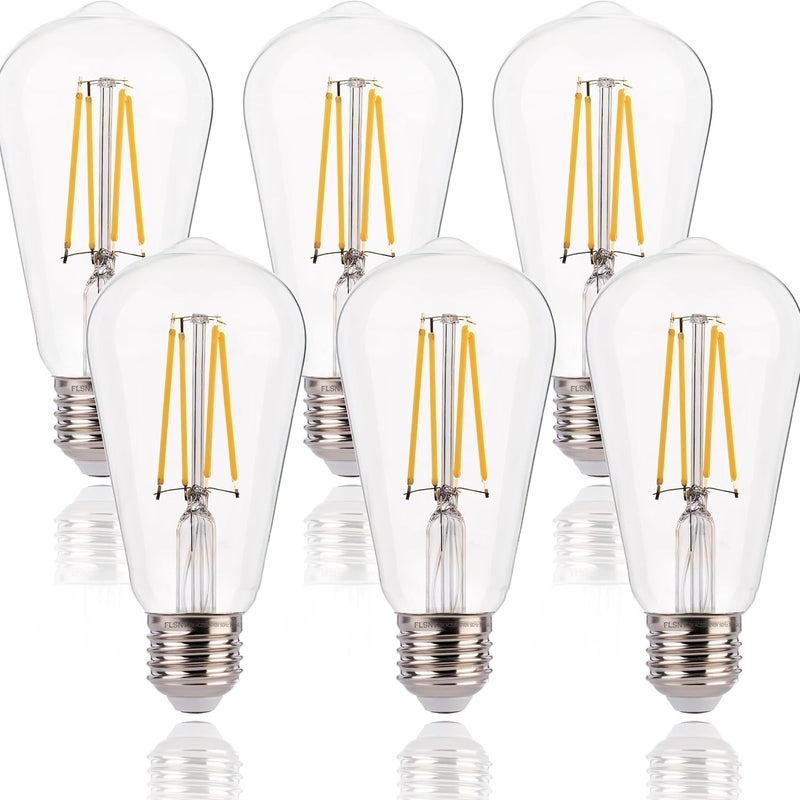 Sześć żarówek LED Edison E27 ST64, 6 W, ciepłe białe światło 2700 K 600 lm, żarnik przezroczysty, prąd zmienny 220 V, nieściemnialny.