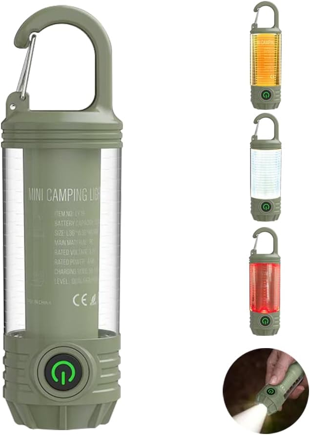 Miniaturowa, ładowalna, kempingowa latarka LED, przenośna lampa zewnętrzna z haczykiem, 6 trybów, z sygnałem migającym