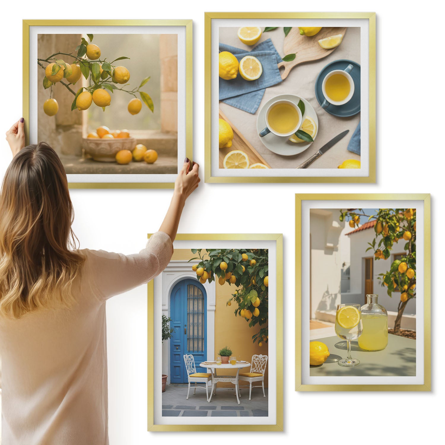 Galeria ścienna 4-częściowy komplet obrazów w złotych ramach - Cytryny lemoniada niebieskich drzwi letnie widoki - ArtPrintCave