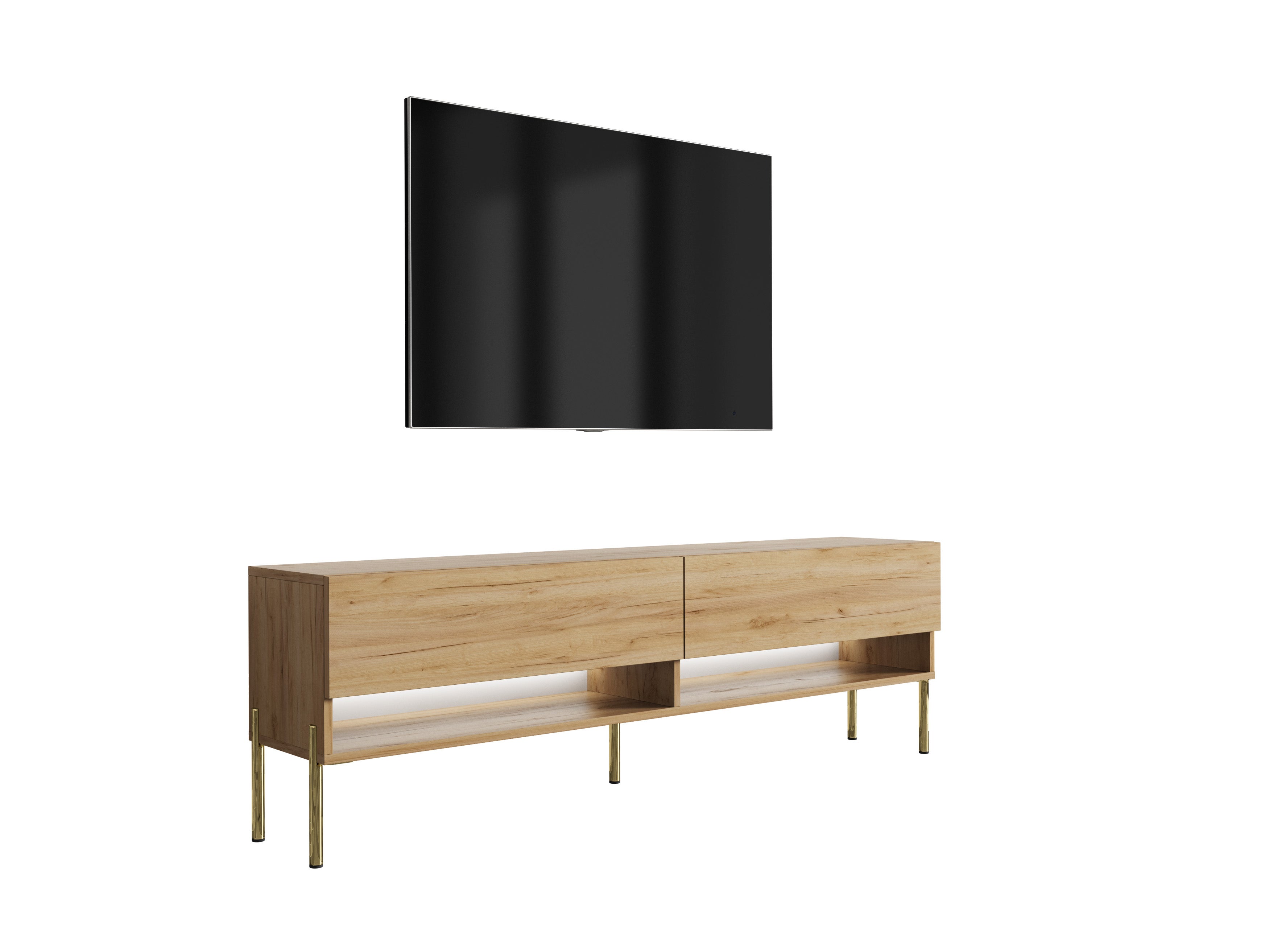 Szafka pod telewizor 170 cm Dąb Craft, nóżki proste złote, LED biały, 170 × 32 × 52 cm