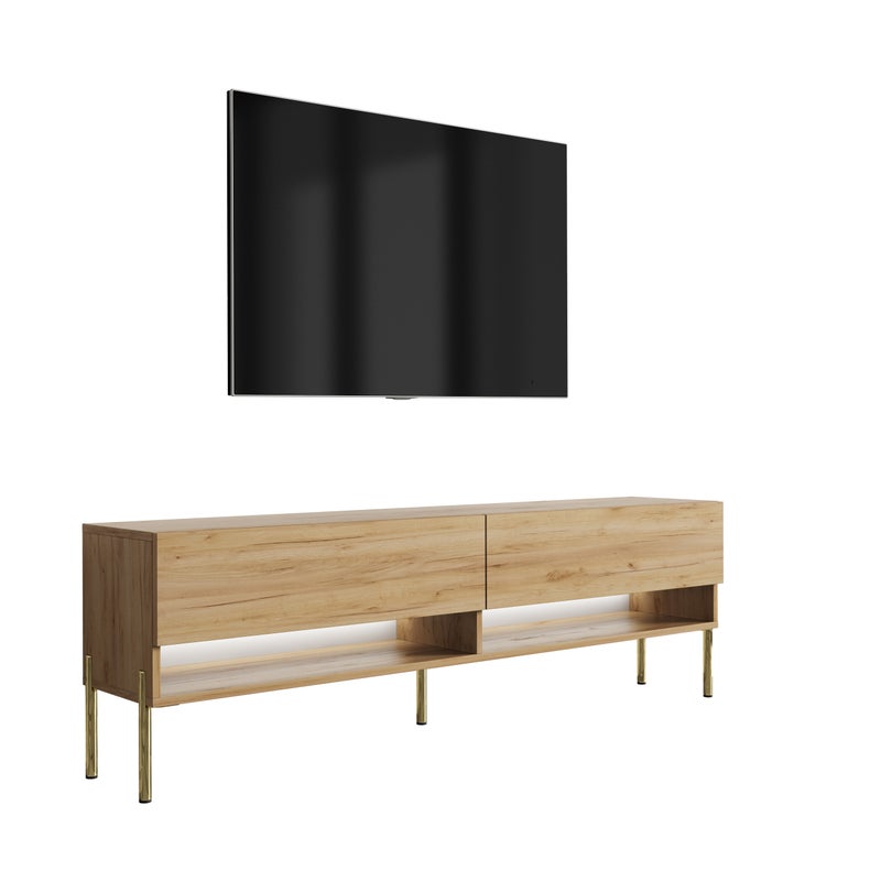 Szafka pod telewizor 170 cm Dąb Craft, nóżki proste złote, LED biały, 170 × 32 × 52 cm