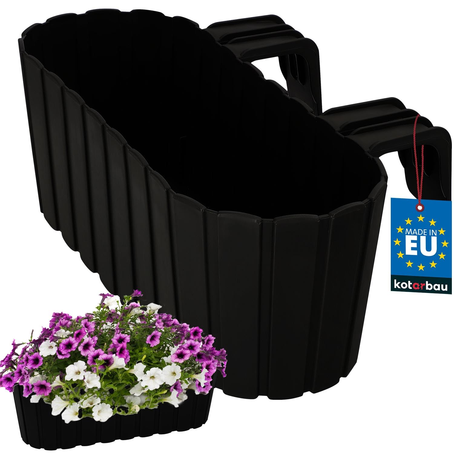 Doniczka Balkonowa na Balustradę - 40 x 15 x 15 cm - Skrzynka Plastikowa na Balkon - Owalna - Rustykalna - Brązowa KOTARBAU