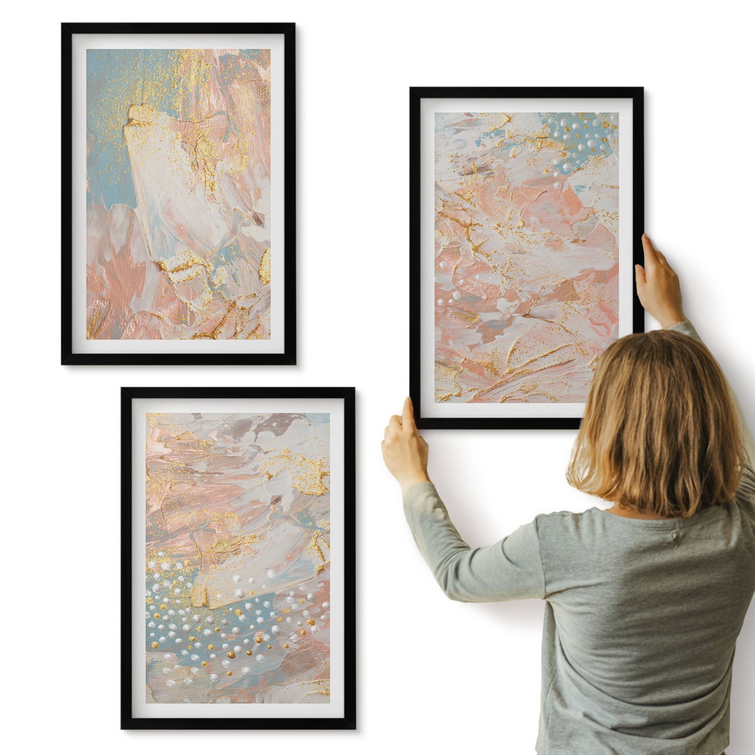 Galeria ścienna 3-częściowy komplet obrazów w czarnych ramach - Abstrakcyjne wzory w pastelowych kolorach tekstura - ArtPrintCave