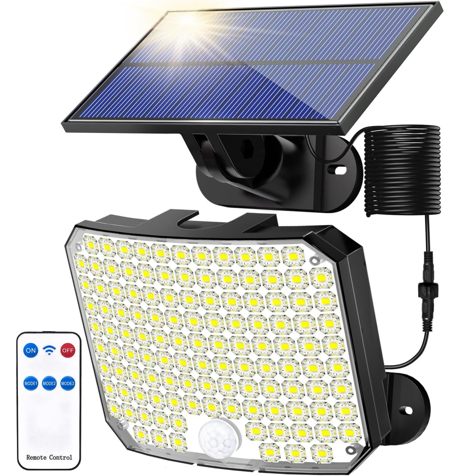 Projektory słoneczne z 118 diodami LED z czujnikiem ruchu i pilotem, wodoodporne lampy solarne IP65, reflektor ścienny zasilany energią słoneczną