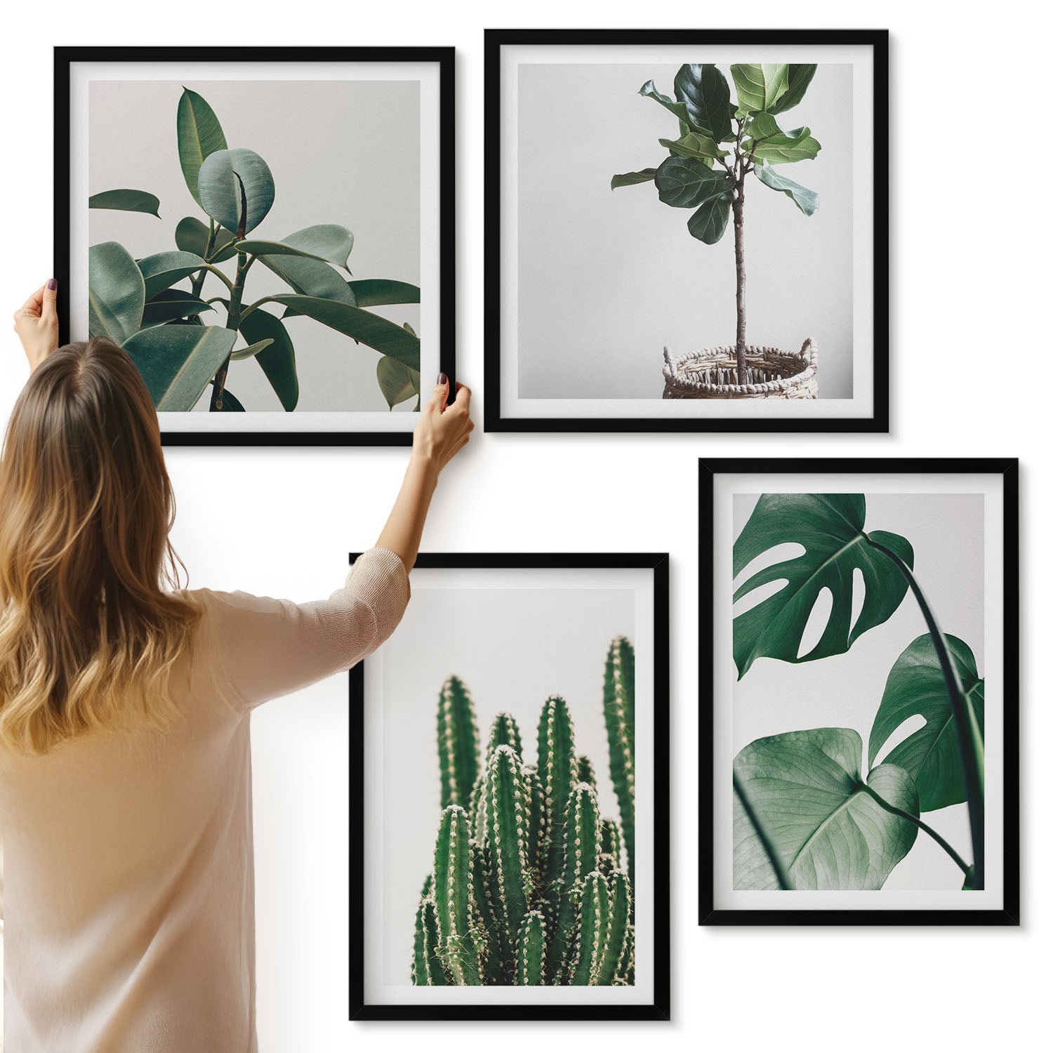 Galeria ścienna 4-częściowy komplet obrazów w czarnych ramach - Tropikalne rośliny domowe estetyczne liście - ArtPrintCave