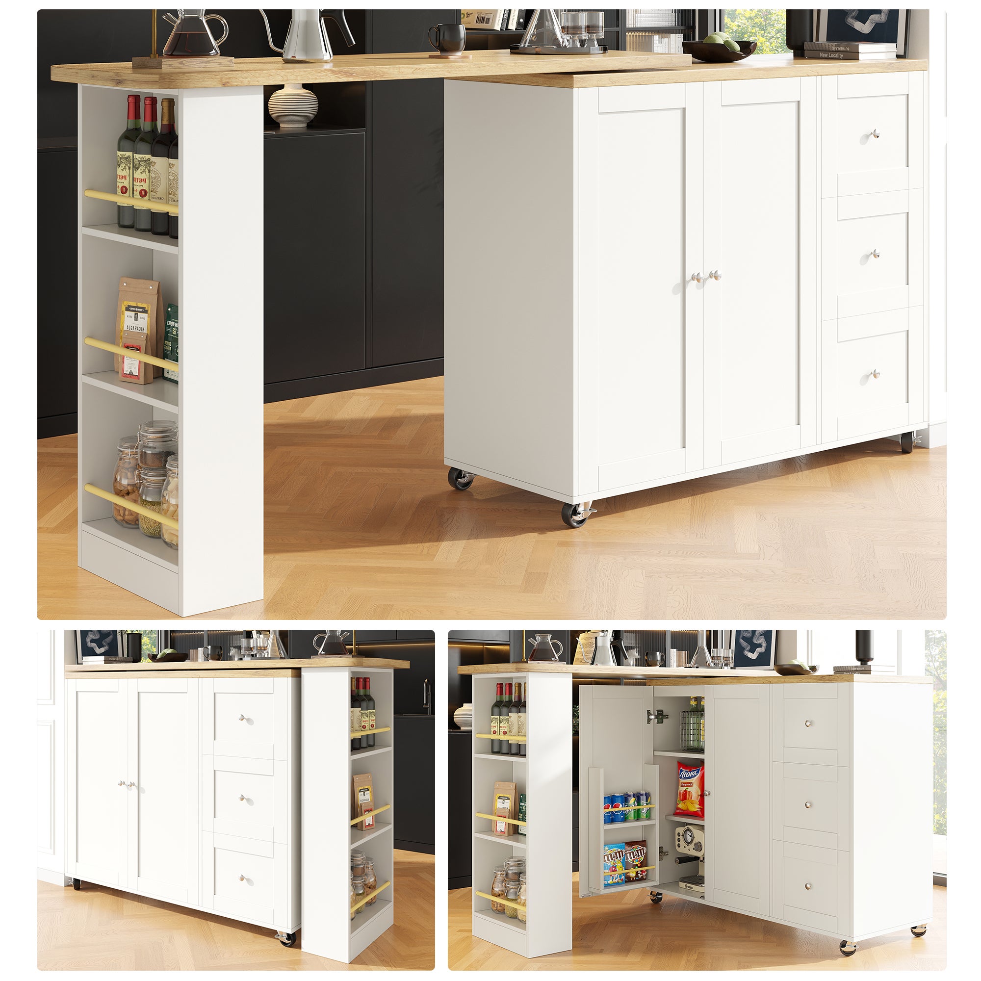 Szafka barowa obrotowa - 2 drzwi, 2 szuflady i półki - 138/209 x 39 x 104 cm - drewno MDF i szkło - kolor biały + naturalny