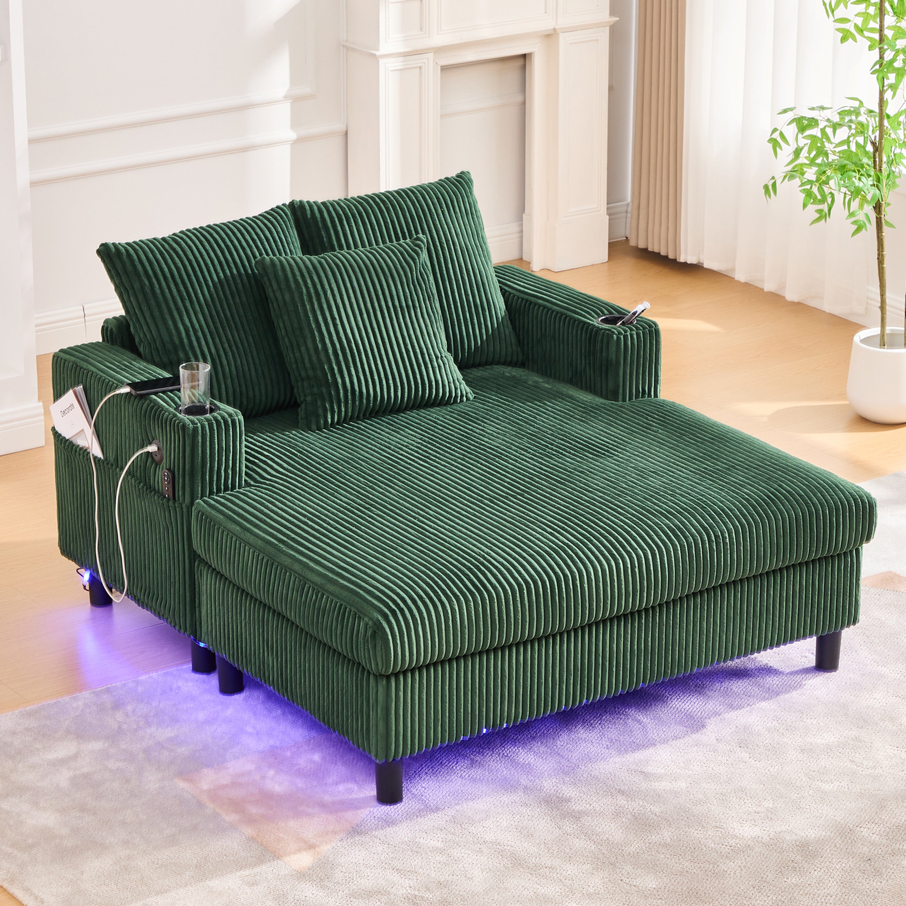 Szezlong Fotel Relaksacyjny Sztruks z USB, LED Wielokolorowy i Uchwyt na Kubek do Salonu