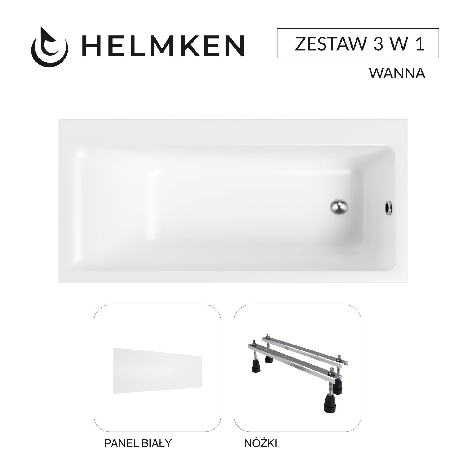 Wanna akrylowa Helmken Seraphina 160x80 PRAWA z akrylu lanego, ze wzmocnionym korpusem + Panel biały + Nóżki / 3512160R