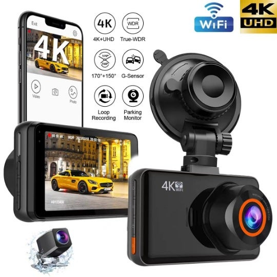 Kamera samochodowa 4K, podwójna kamera, nagrywanie z przodu i z tyłu, tryb parkingowy, ekran 3", szeroki kąt widzenia 170°, z GPS