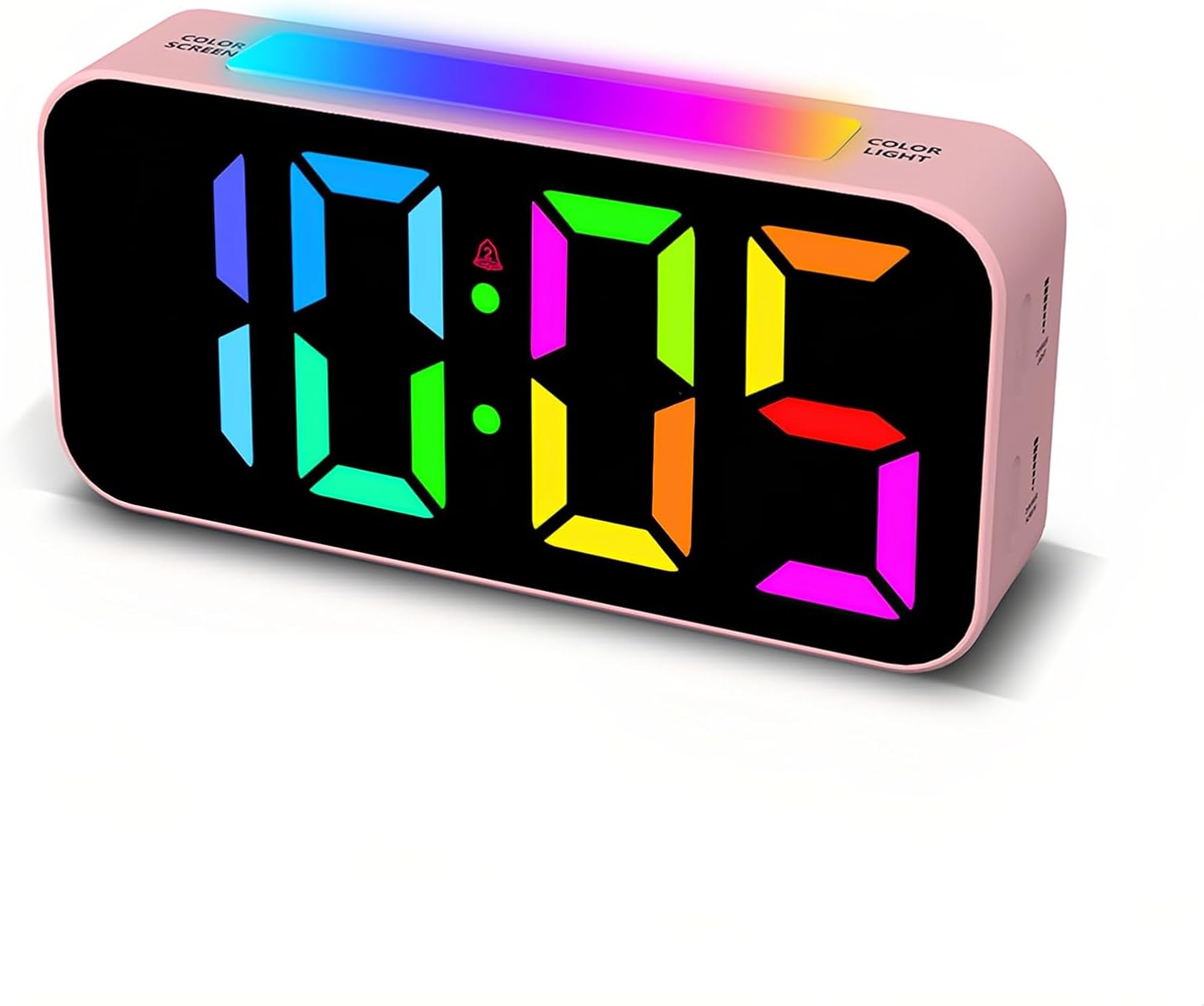 Różany, kolorowy cyfrowy budzik z funkcją drzemki - Duży ekran RGB - 8 opcji kolorów - Format 12/24-godzinny - Regulacja głośności i jasności