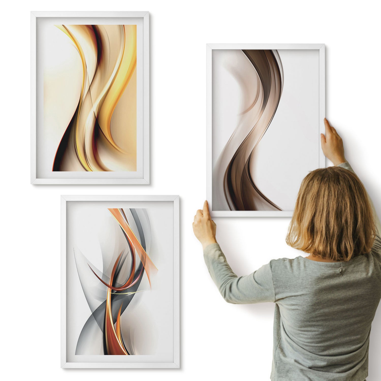 Galeria ścienna 3-częściowy komplet obrazów w białych ramach - Fale w odcieniach żółtego szarości i brązu - ArtPrintCave