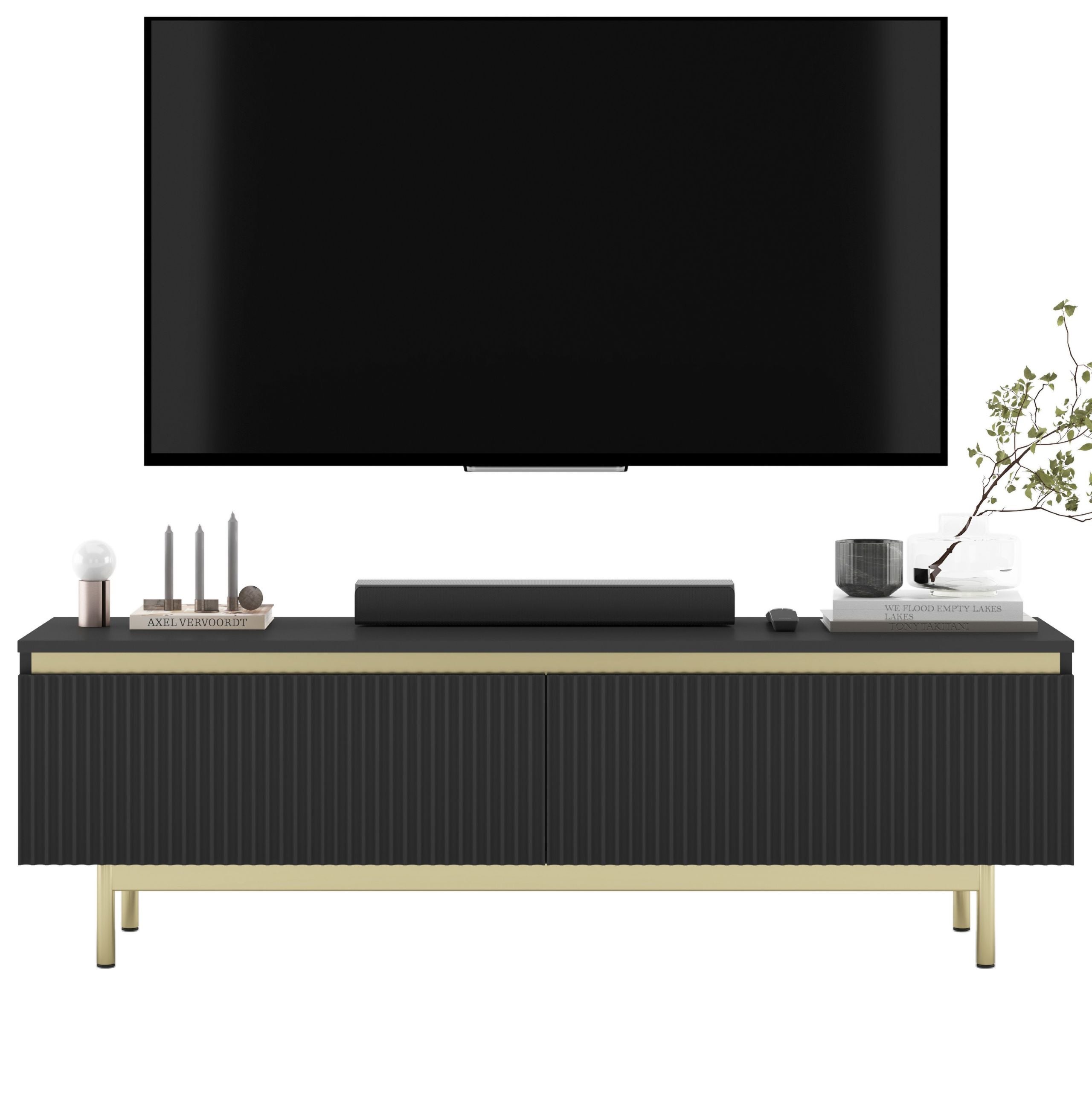 Szafka RTV Glamour 140 cm czarny mat, ryflowane fronty, złota rama, elegancka komoda pod telewizor