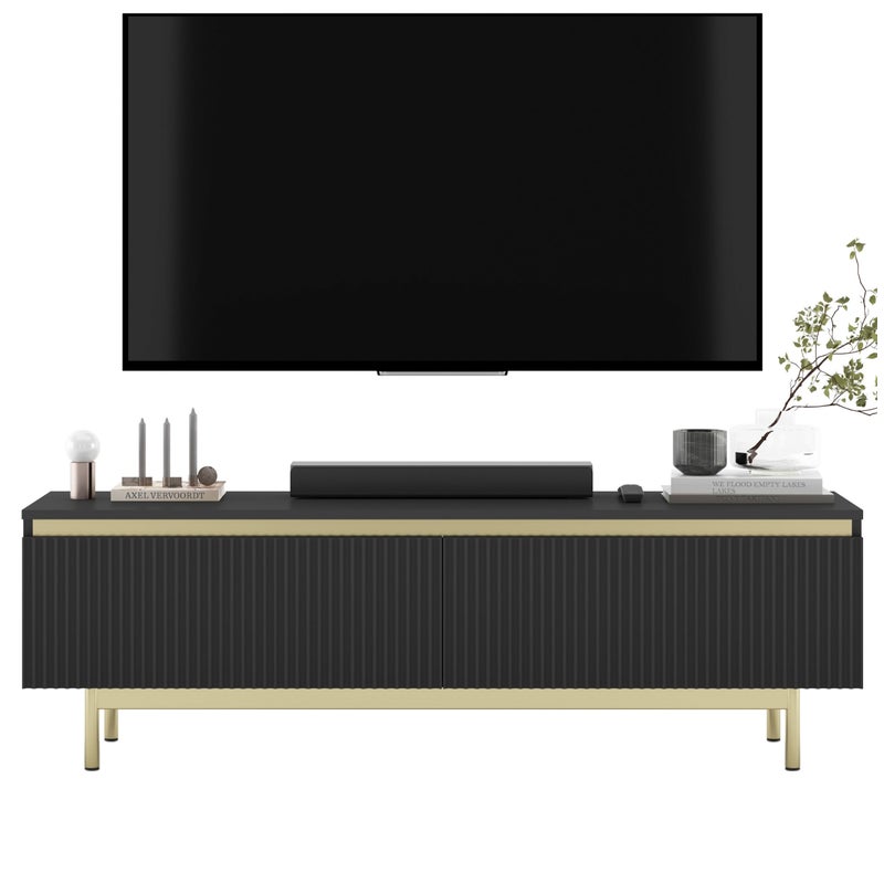 Szafka RTV Glamour 140 cm czarny mat, ryflowane fronty, złota rama, elegancka komoda pod telewizor