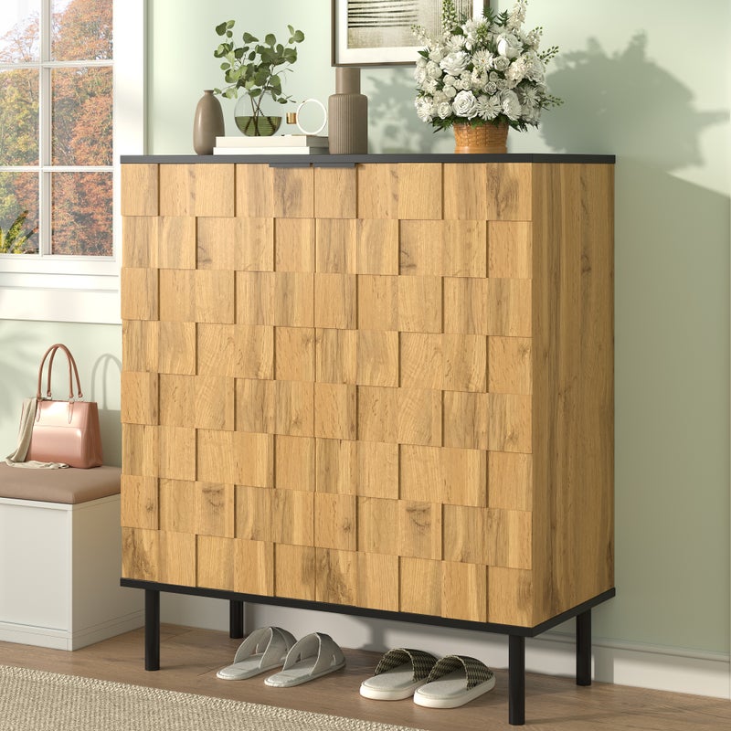 Szafka na buty mozaikowa 80x35x91,5 cm - 2 drzwi - Zewnętrzna część imitująca drewno - Nogi metalowe - Regulowane półki - Naturalna