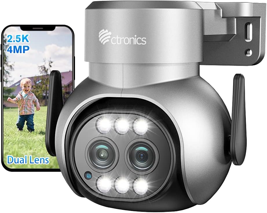 Ctronics 4 MP kamera z podwójnym obiektywem, zoom hybrydowy 6x, zewnętrzna kamera PTZ WiFi 2,4/5 GHz, automatyczne śledzenie, szary